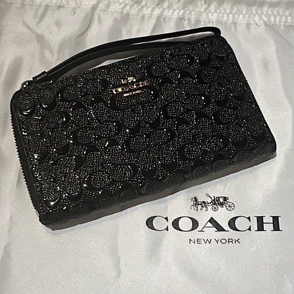 NWOT Coach Medium Zip Around Wallet Black Embossed Patent Leather - Picture 2 of 11